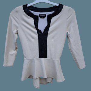 bebe XS 3/4 Sleeve Ivory and Black Peplum Slit Neck Top